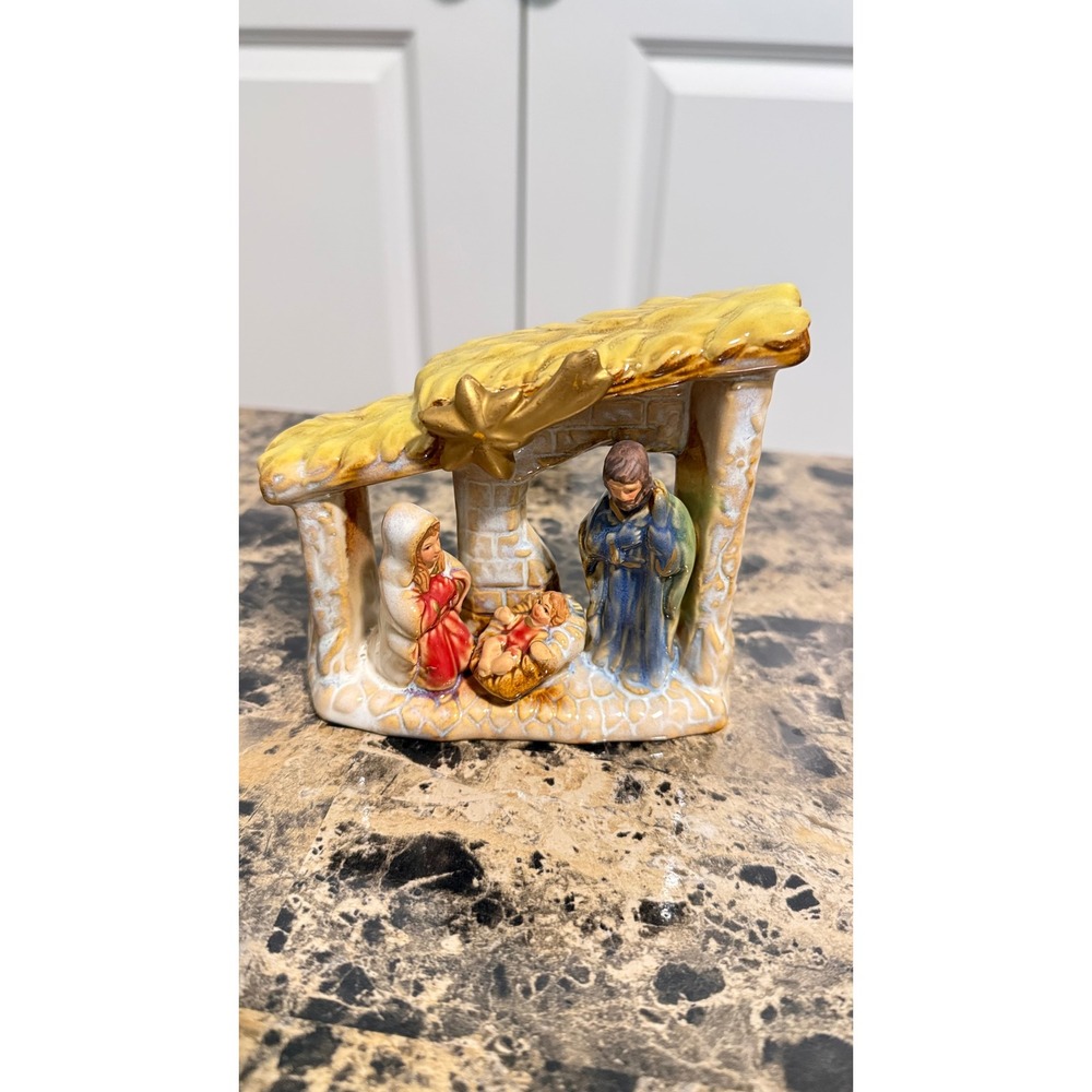 Vintage Ceramic Nativity Scene Holy Family Figurine Stable Star Christmas Decor